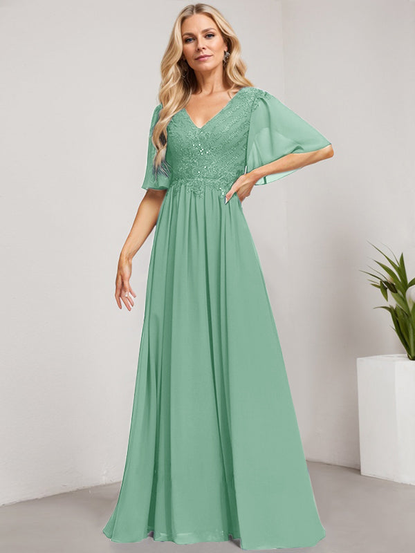 A-Line V-Neck Floor-Length Lace Chiffon Mother of the Bride Dress with Sequins
