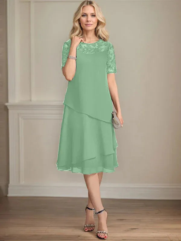 A-Line Scoop Neck Illusion Knee-Length Lace Chiffon Mother of the Bride Dress with Sequins
