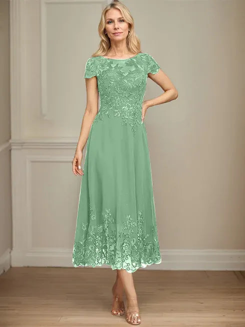 A-Line Illusion Scoop Tea-Length Lace Chiffon Mother of the Bride Dress with Sequins