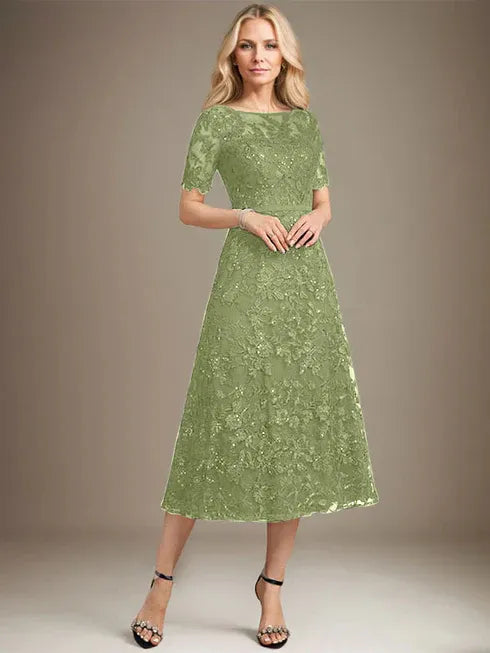 A-Line Scoop Neck Illusion Tea-Length Lace Mother of the Bride Dress with Sequins