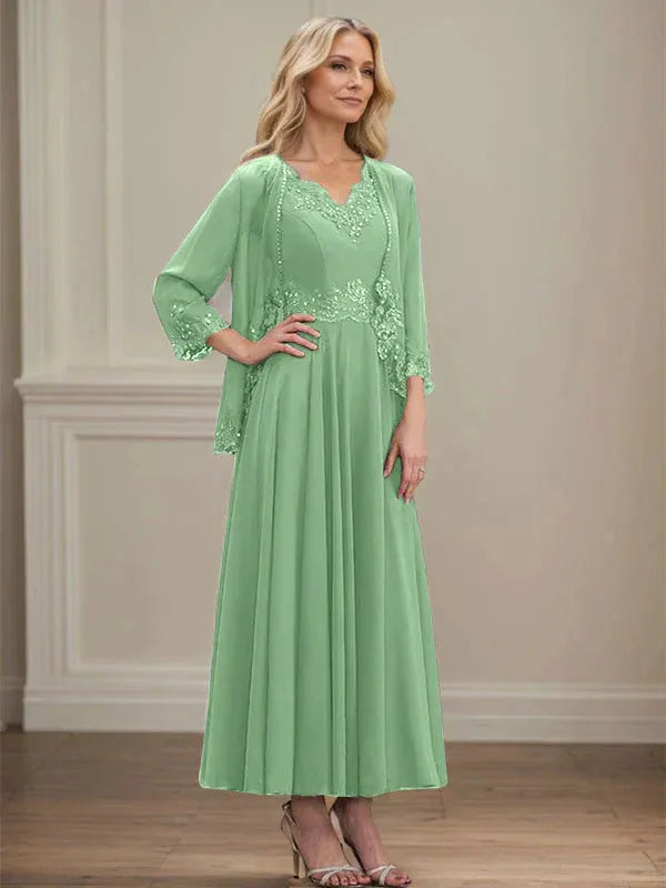 A-Line V-Neck Chiffon Mother of the Bride Dress with Sequins, Appliques, Lace, and Beading at Ankle Length