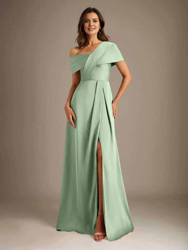 A-Line Satin Mother of the Bride Dress with Asymmetrical Neckline, Floor-Length, and Pleated Design