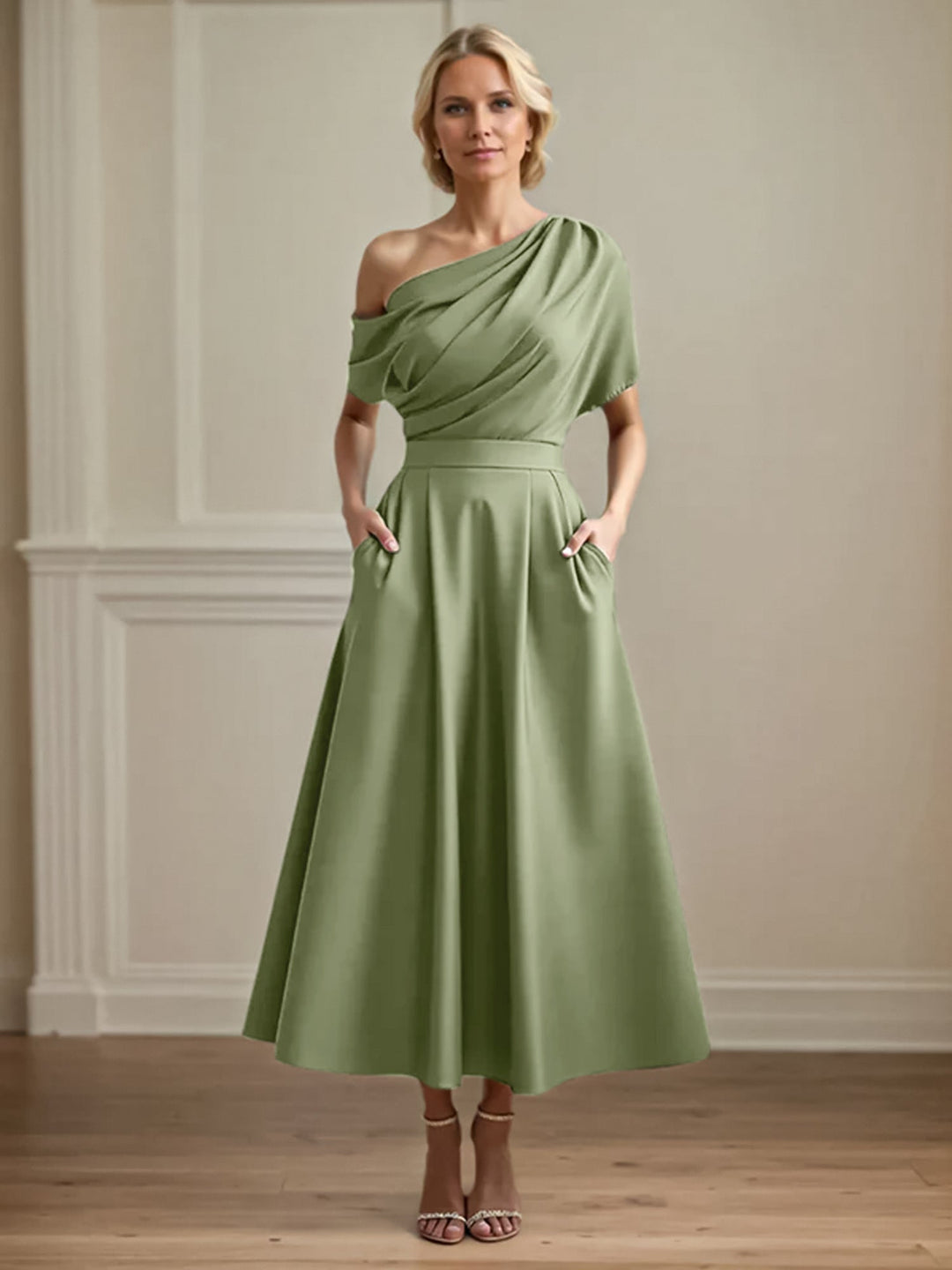 One-Shoulder Satin A-Line Pleated Ankle-Length Mother of the Bride Dress