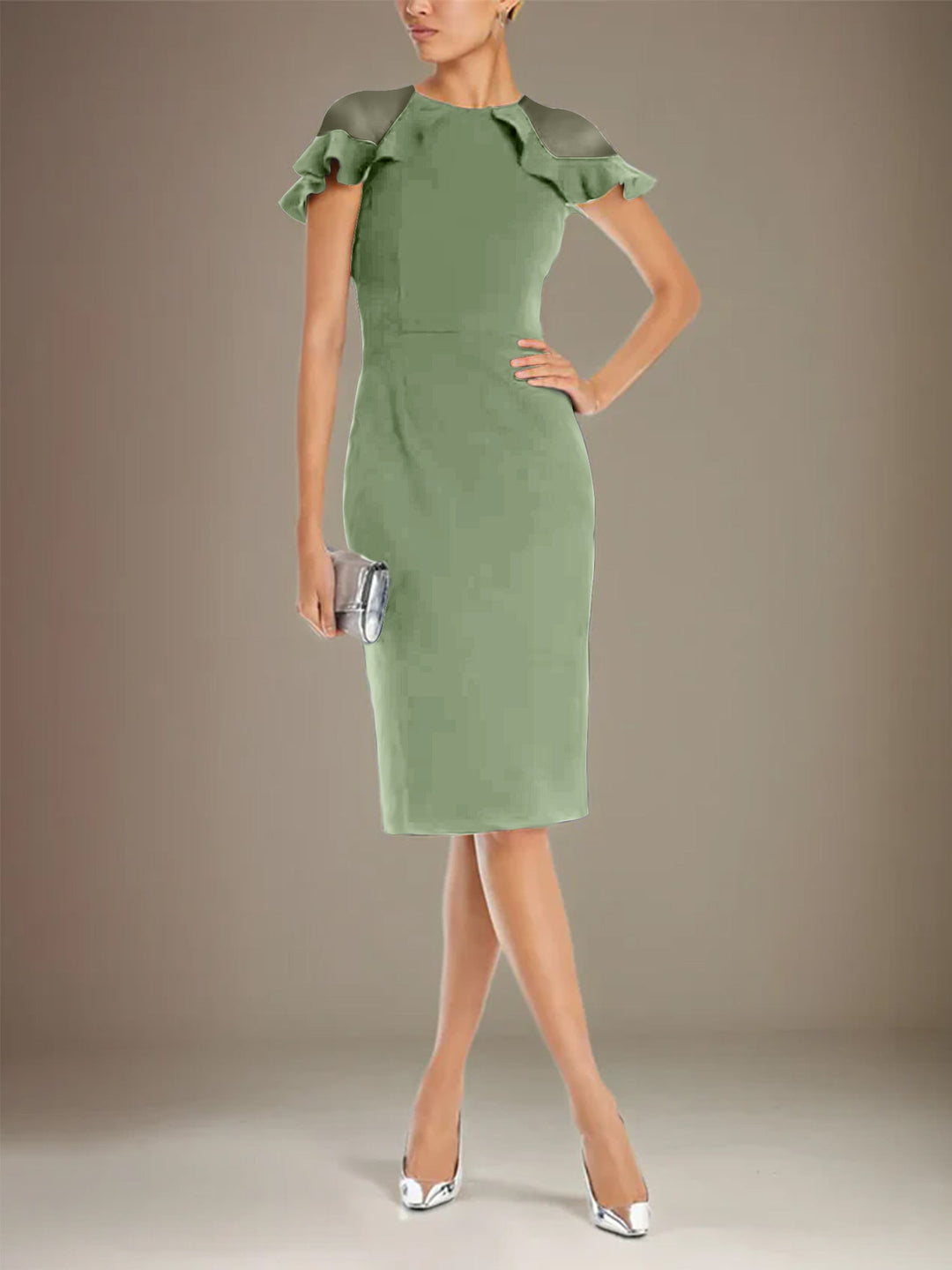 Sheath Dress with Column Stretch Crepe, Scoop Neck, Short Sleeves, Knee Length