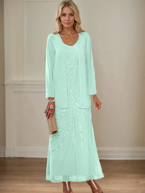 V-Neck Sheath/Mother of the Bride Ankle-Length Dress with Jacket & Sequins
