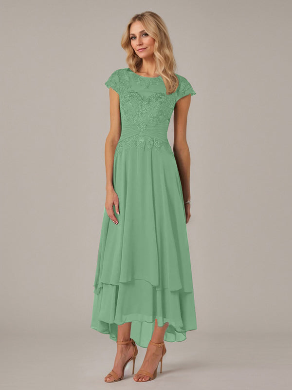 A-Line Boat Neck Illusion Asymmetrical Chiffon Lace Mother of the Bride Dress with Applique and Pleats