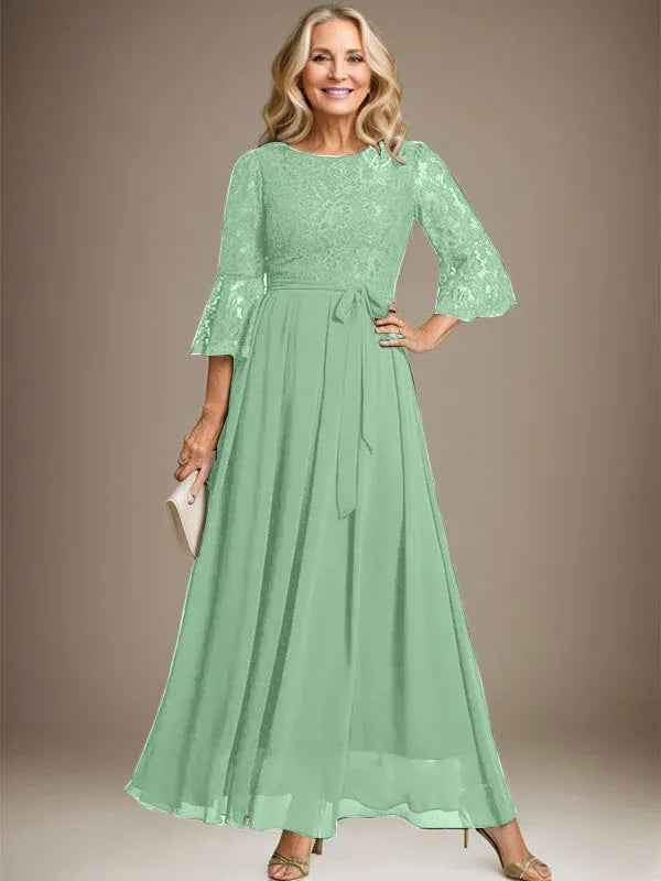 A-Line Scoop Neck Ankle-Length Lace Chiffon Mother of the Bride Dress with Bow
