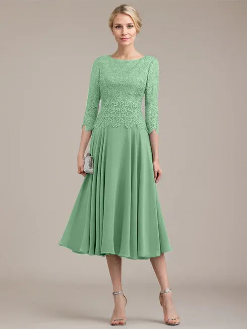 A-Line Scoop Neck Tea-Length Lace Chiffon Mother of the Bride Dress