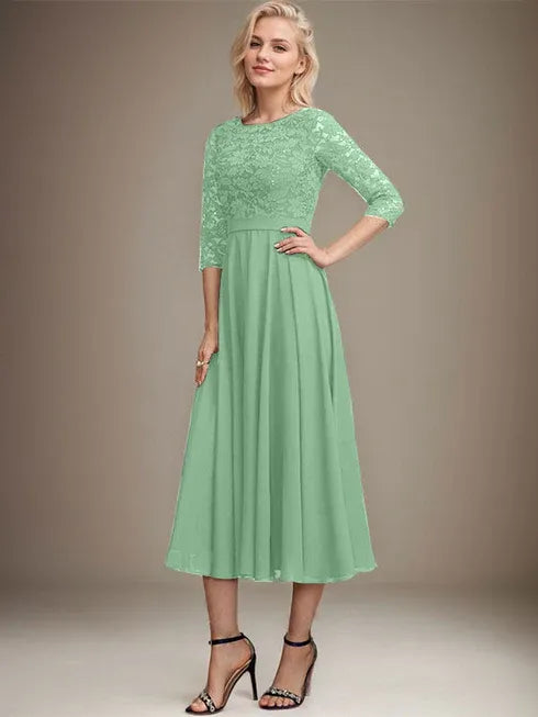 A-Line Scoop Neck Tea-Length Lace Chiffon Mother of the Bride Dress with Sequins