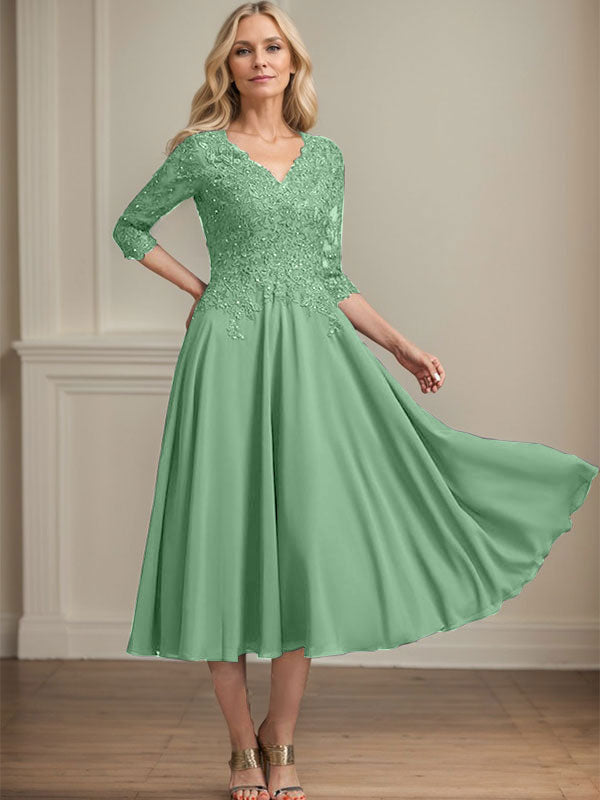 A-Line V-Neck Tea-Length Chiffon and Lace Mother of the Bride Dress with Beading and Sequins