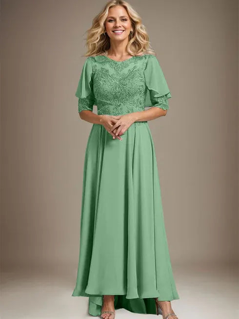 A-Line Scoop Neck Illusion Asymmetrical Chiffon and Lace Mother of the Bride Dress with Beading