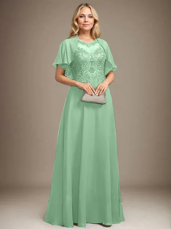 A-Line Scoop Neck Illusion Floor-Length Lace Chiffon Mother of the Bride Dress with Sequins