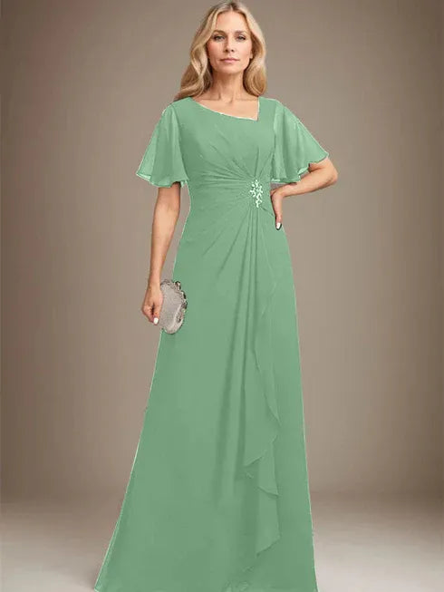 A-Line Asymmetrical Floor-Length Chiffon Mother of the Bride Dress with Pleated Beading and Sequins