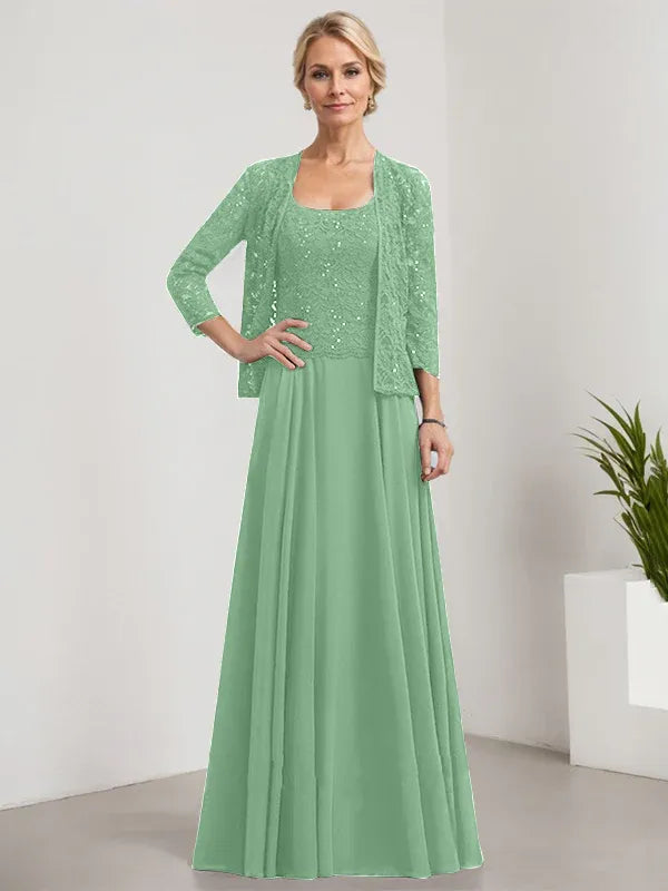 A-Line Square Neck Floor-Length Lace and Chiffon Mother of the Bride Dress with Sequins