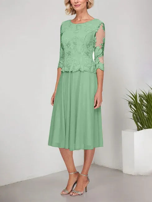 A-Line Scoop Neck Tea-Length Lace Chiffon Mother of the Bride Dress with Embroidery