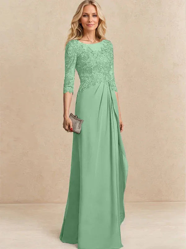 A-Line Scoop Illusion Floor-Length Chiffon and Lace Mother of the Bride Dress with Beading, Sequins, and Cascading Ruffles