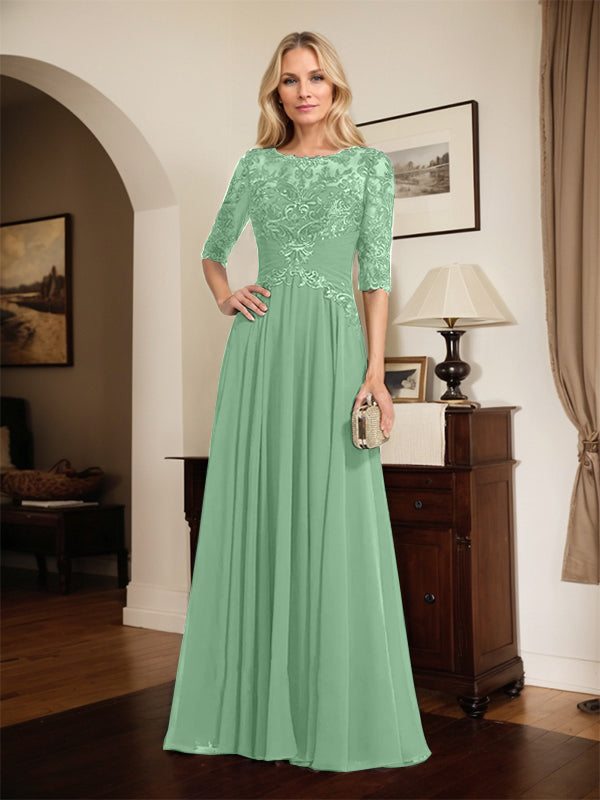 A-Line Scoop Neck Illusion Floor-Length Chiffon and Lace Mother of the Bride Dress with Pleated Sequins