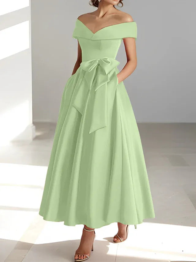 A-Line Off-the-Shoulder Sleeveless Ankle-Length Mother of the Bride Dress with Pockets