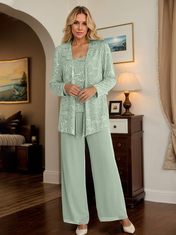 Chiffon Mother of the Bride Pantsuit Set with Jacket and Sequins
