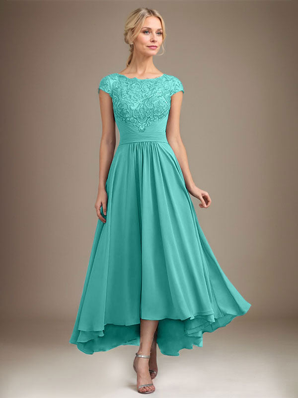 A-Line Scoop Neck Illusion Asymmetrical Lace Chiffon Mother of the Bride Dress with Pleats