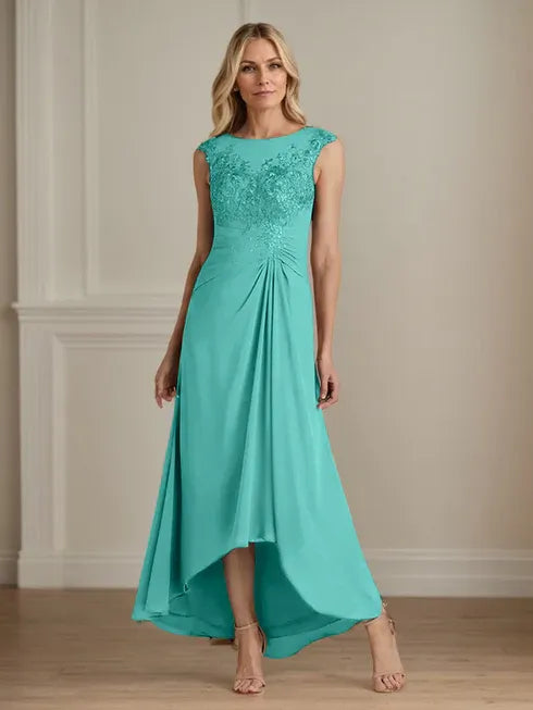 Champagne A-Line Lace and Chiffon Scoop Neck Dress