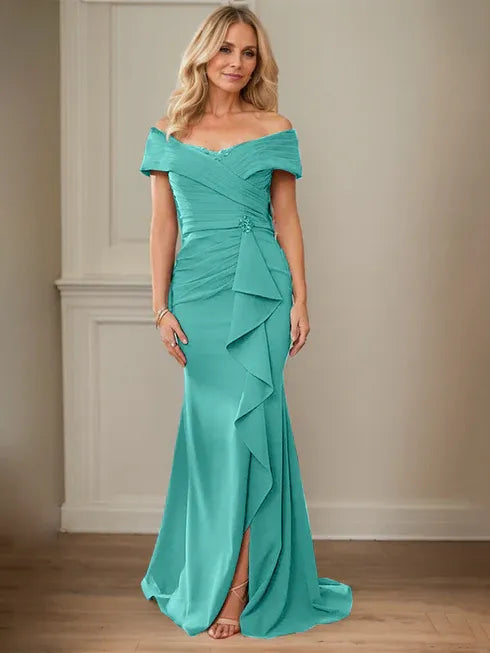 Floor-Length Lace and Chiffon Mother of the Bride Dress with Sheath/Column V-Neck Illusion and Pleated Sequins