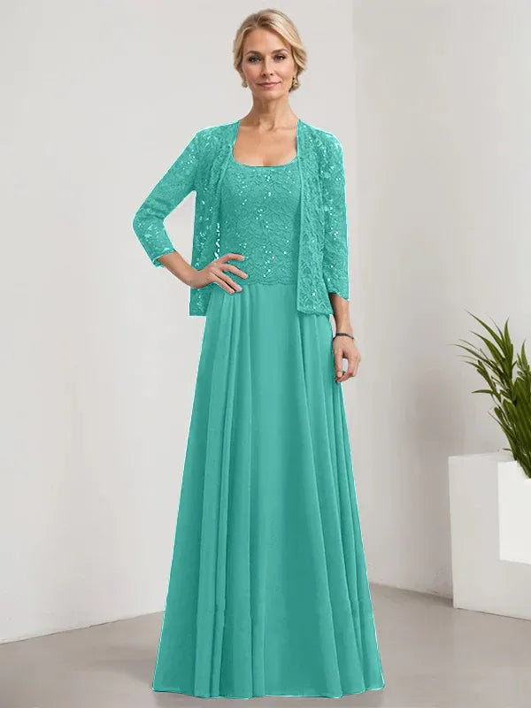 A-Line Square Neck Floor-Length Lace and Chiffon Mother of the Bride Dress with Sequins