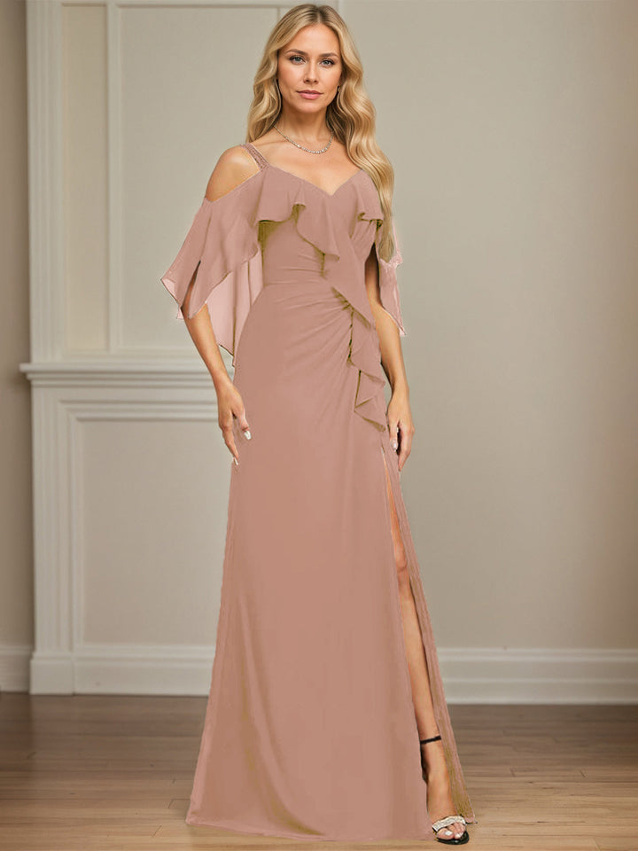 Sheath/Column Cold Shoulder V-Neck Floor-Length Chiffon Dress with Cascading Ruffles, Sequins, and Beading