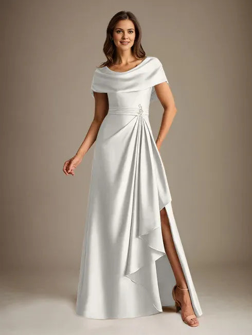 A-Line Scoop Neck Floor-Length Stretch Satin Mother of the Bride Dress with Cascading Ruffles