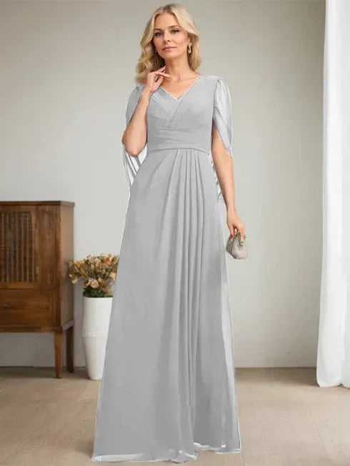 Dark Navy A-Line V-Neck Long Mother of the Bride Dress
