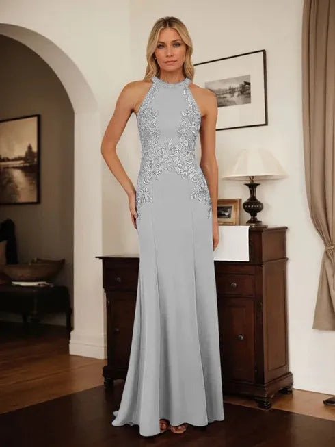 Dusty Blue Sheath Halter Mother of the Bride Dress with Appliqué Details