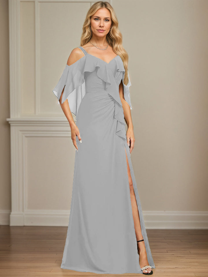 Sheath/Column Cold Shoulder V-Neck Floor-Length Chiffon Dress with Cascading Ruffles, Sequins, and Beading