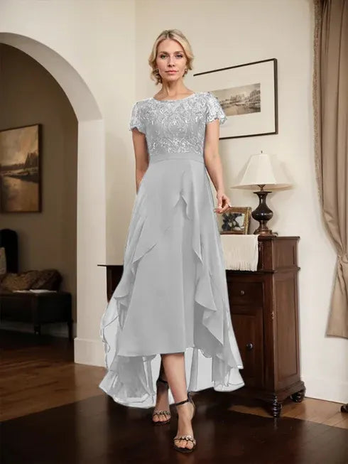 A-Line Scoop Neck Illusion Asymmetrical Chiffon Lace Mother of the Bride Dress with Bow, Ruffle, and Sequins