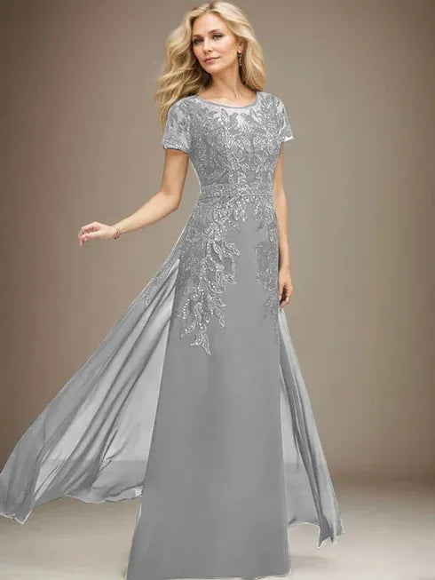 Floor-Length Lace Chiffon Mother of the Bride Dress with Sheath/Column Scoop Illusion and Sequins