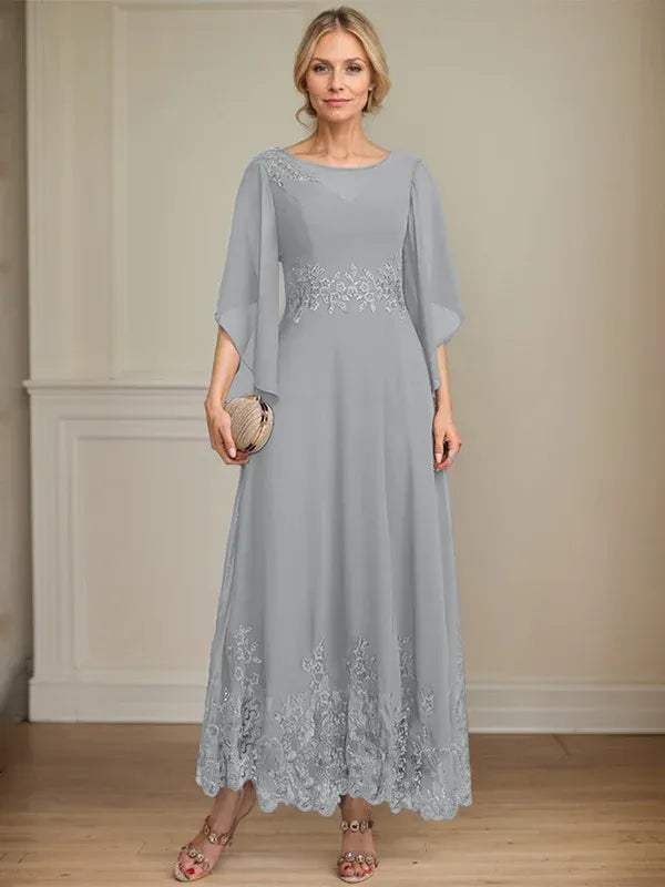 A-Line Scoop Neck Illusion Lace Chiffon Mother of the Bride Dress with Sequins and Ankle-Length Hem