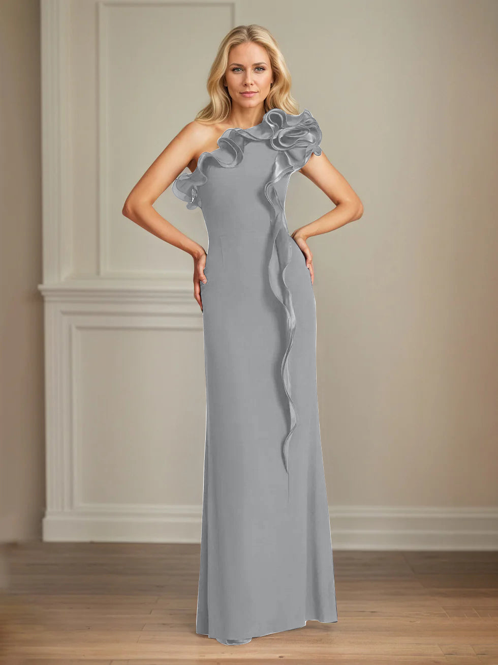 Navy Stretch Crepe One-Shoulder Sheath Dress with Ruffles – Floor-Length Mother of the Bride Gown