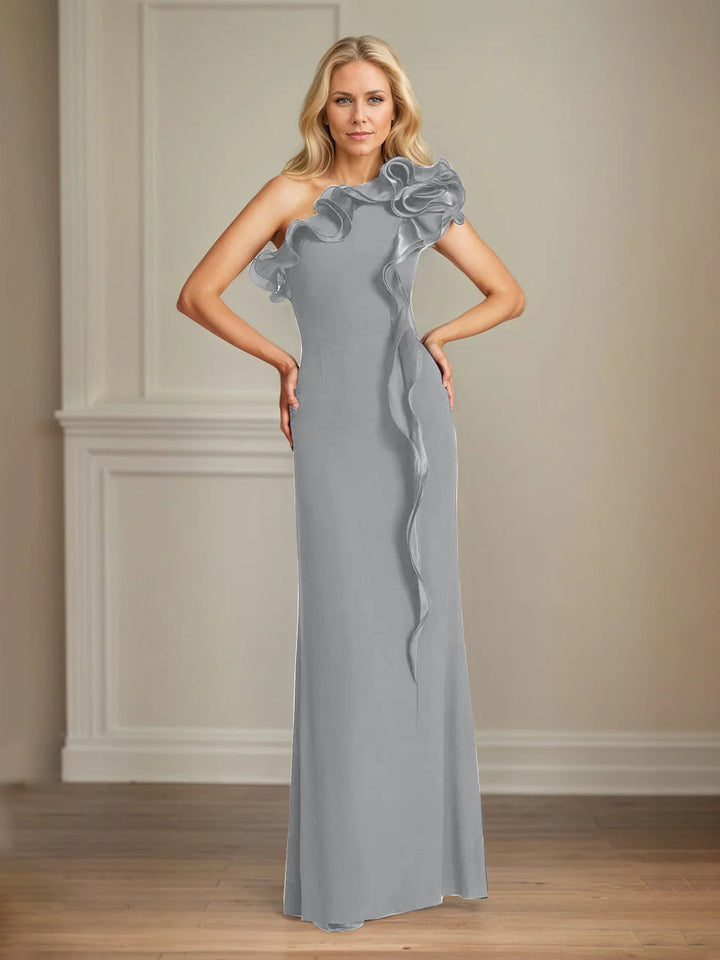 Navy Stretch Crepe One-Shoulder Sheath Dress with Ruffles – Floor-Length Mother of the Bride Gown