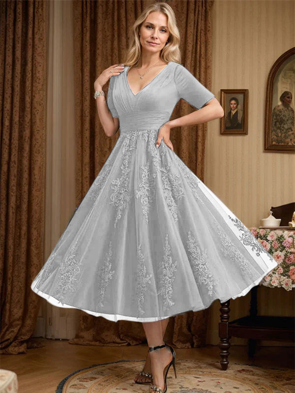 A-Line V-Neck Tea-Length Tulle Lace Mother of the Bride Dress with Pleats