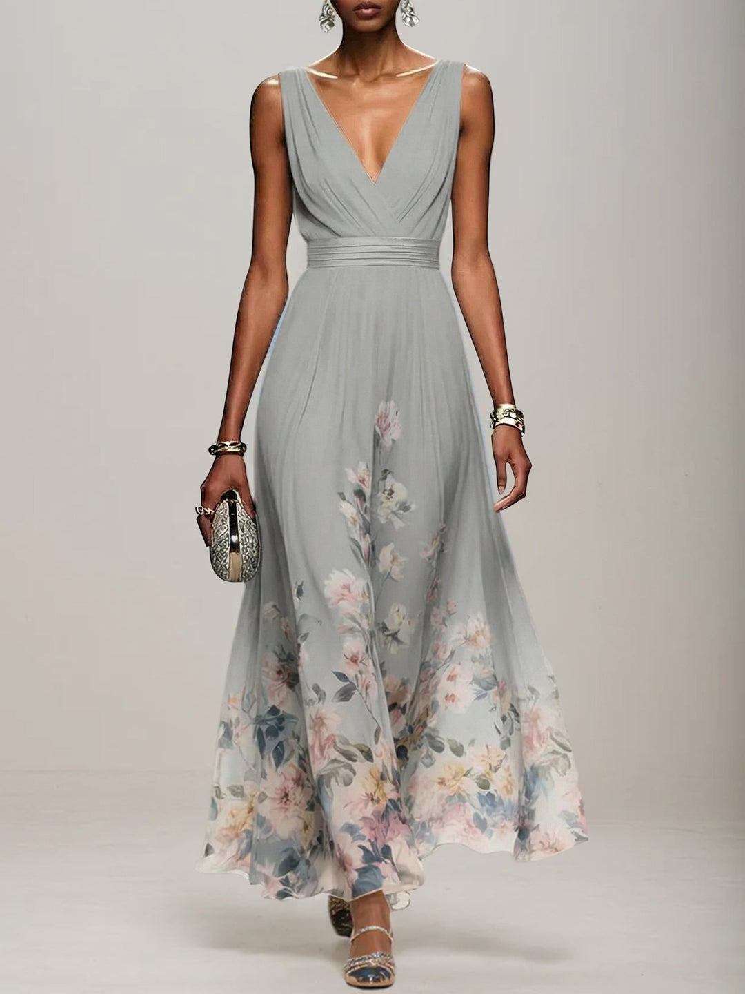 Light Blue Floral Chiffon V-Neck Sleeveless A-Line Maxi Dress