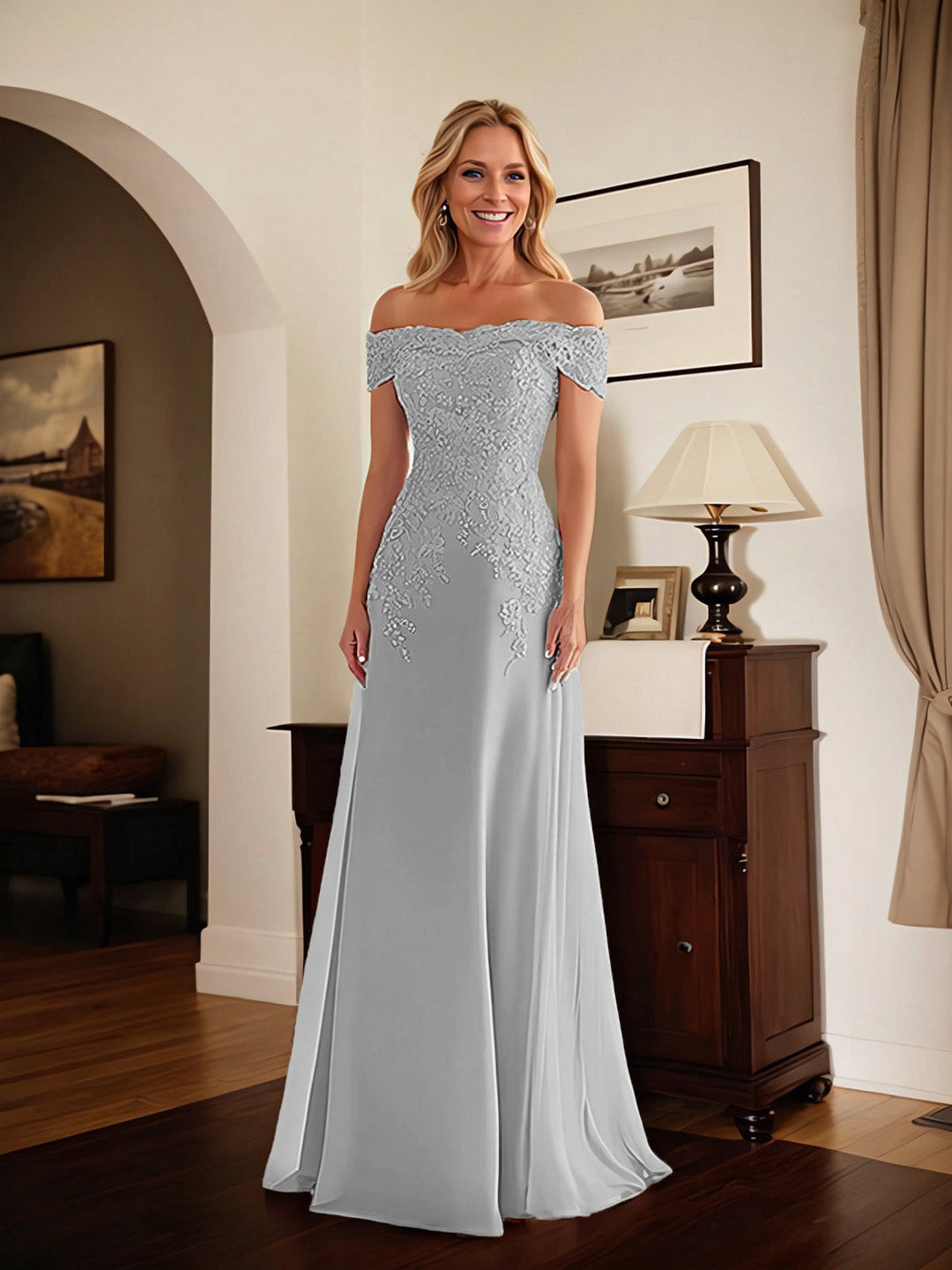Elegant Taupe Off-the-Shoulder Lace Sheath Dress for Mother of the Bride