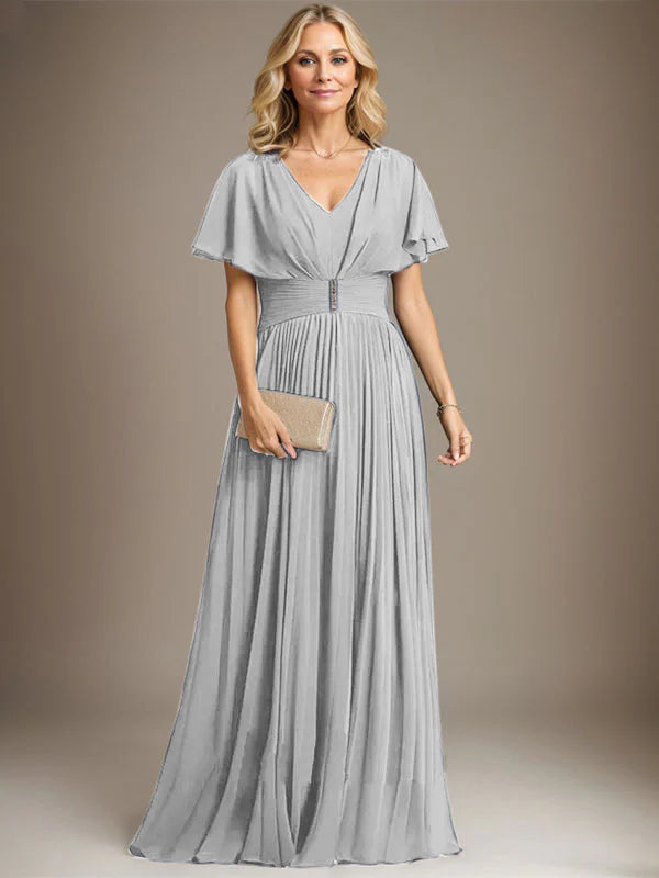 A-Line V-Neck Floor-Length Chiffon Mother of the Bride Dress with Crystal Brooch and Pleated Design