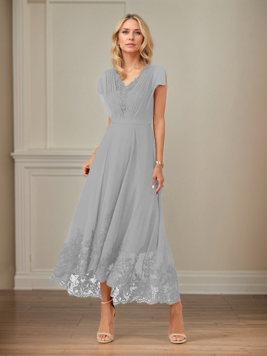 A-Line V-Neck Flutter Sleeve Chiffon Dress with Appliques and Ankle Length