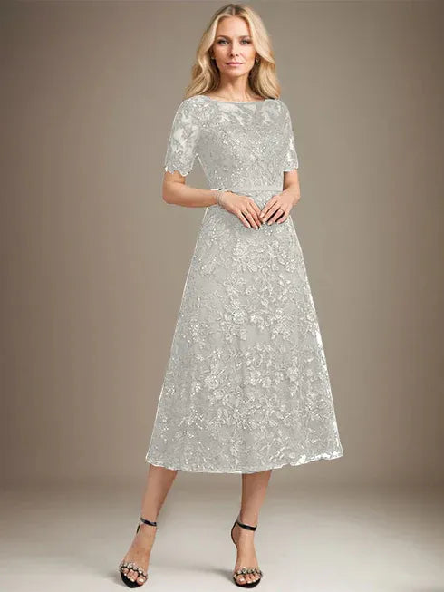 A-Line Scoop Neck Illusion Tea-Length Lace Mother of the Bride Dress with Sequins