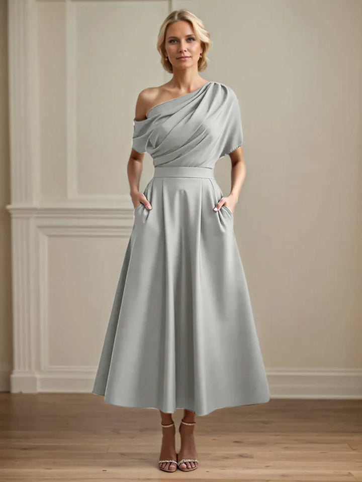 One-Shoulder Satin A-Line Pleated Ankle-Length Mother of the Bride Dress