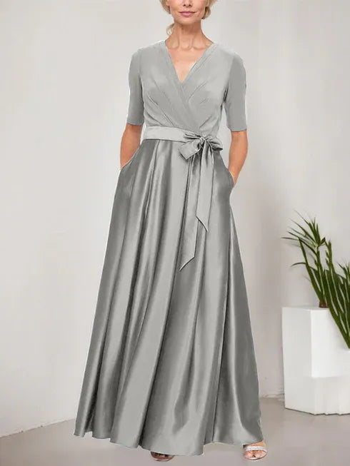 Surplice Neckline Ballgown with Full Satin Skirt and Jersey Bodice
