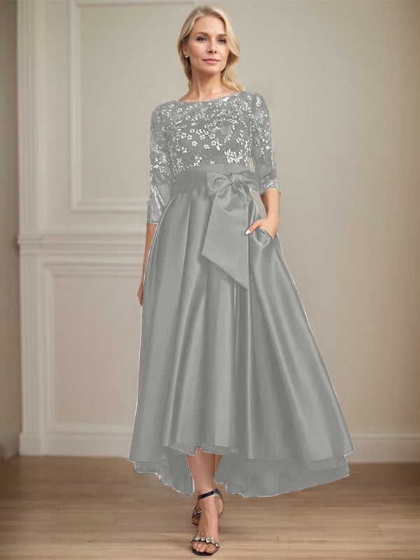 A-Line Scoop Neck Illusion Asymmetrical Satin Lace Mother of the Bride Dress with Bow
