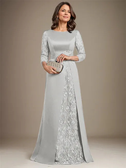 Floor-Length A-Line Lace Satin Mother of the Bride Dress with Scoop Neck and Applique