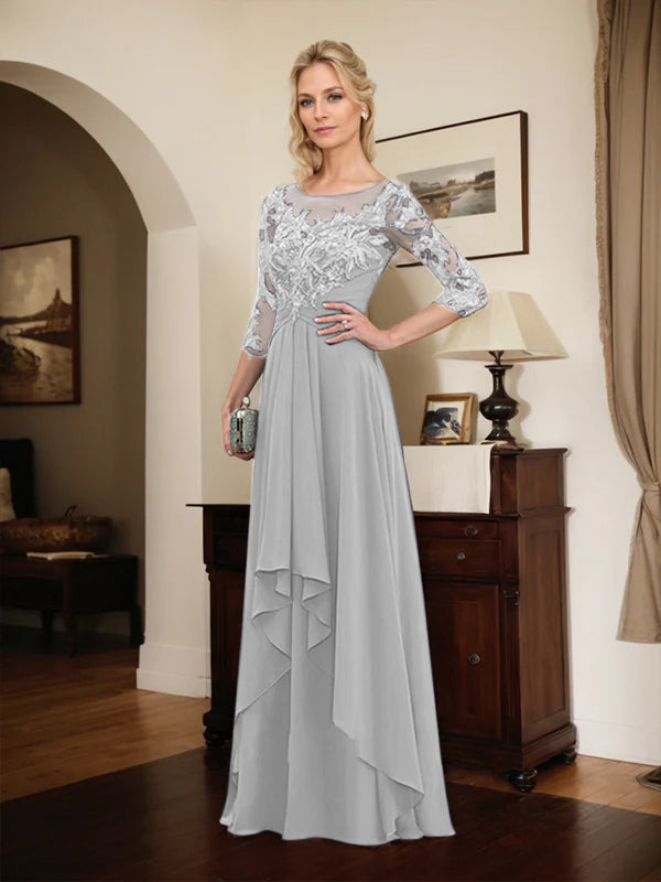 A-Line Scoop Neck Illusion Floor-Length Lace Chiffon Mother of the Bride Dress with Cascading Ruffles