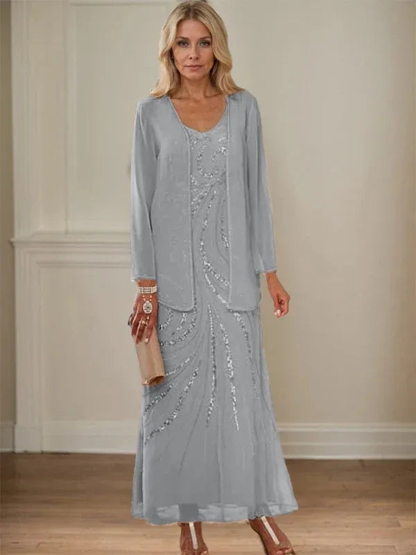 V-Neck Sheath/Mother of the Bride Ankle-Length Dress with Jacket & Sequins