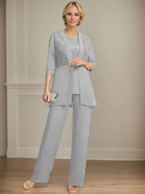 Floor-Length Chiffon Lace Jumpsuit and Pantsuit Separates with Sequins – Perfect Mother of the Bride Dress